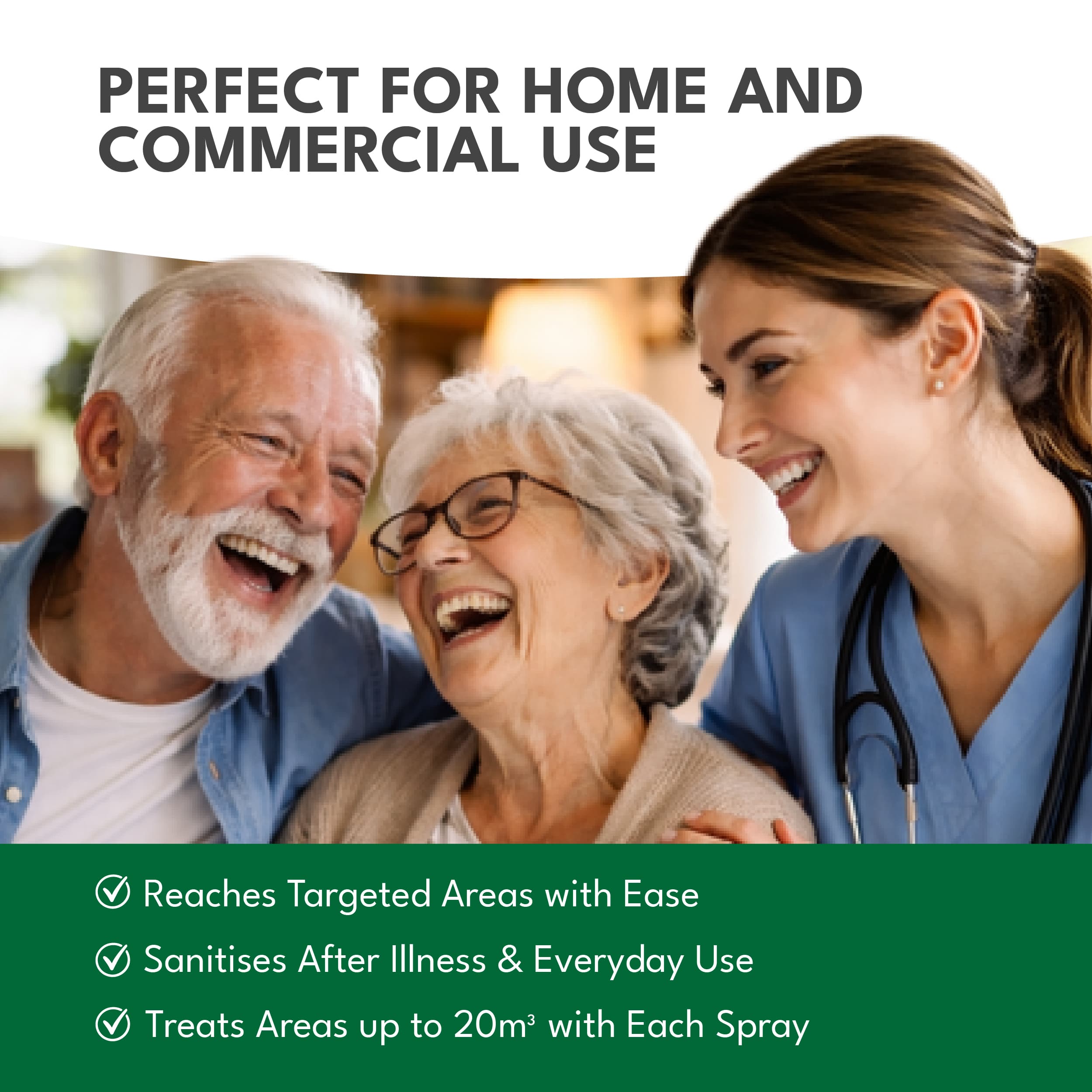 Perfect for home and commercial use — reaches targeted areas, sanitises after illness, treats up to 20m³ per spray
