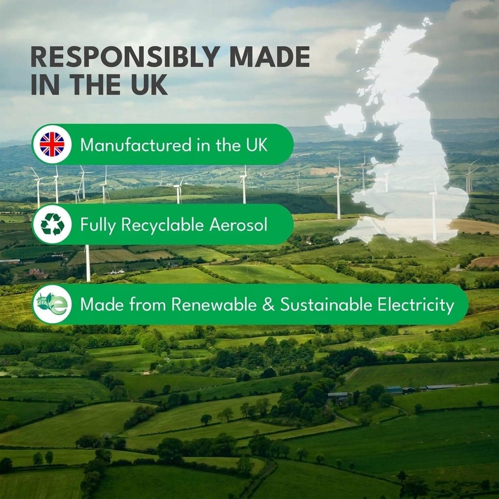 Responsibly made in the UK — fully recyclable aerosol, renewable energy, fresh pine scent