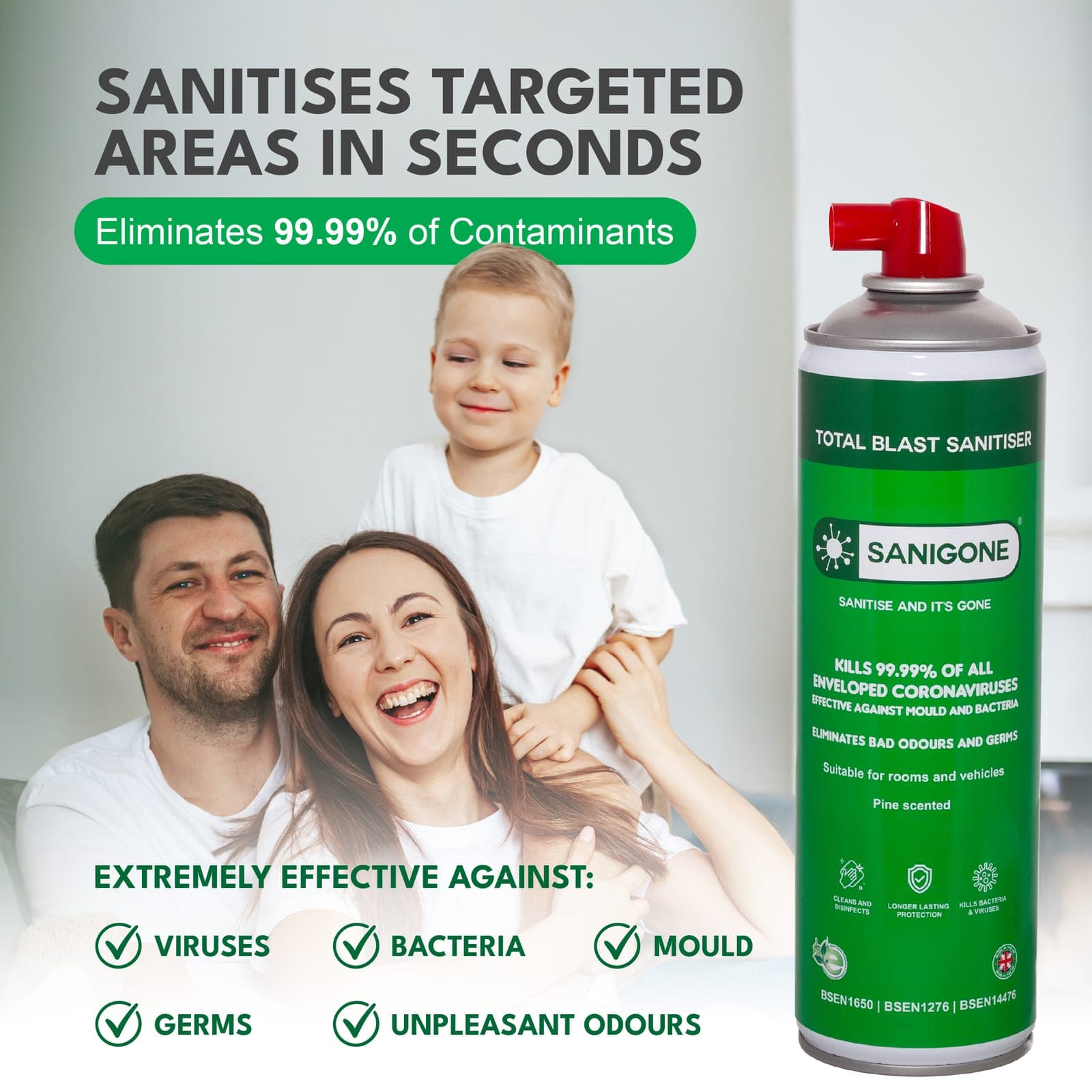 Sanigone Total Blast — sanitises targeted areas in seconds