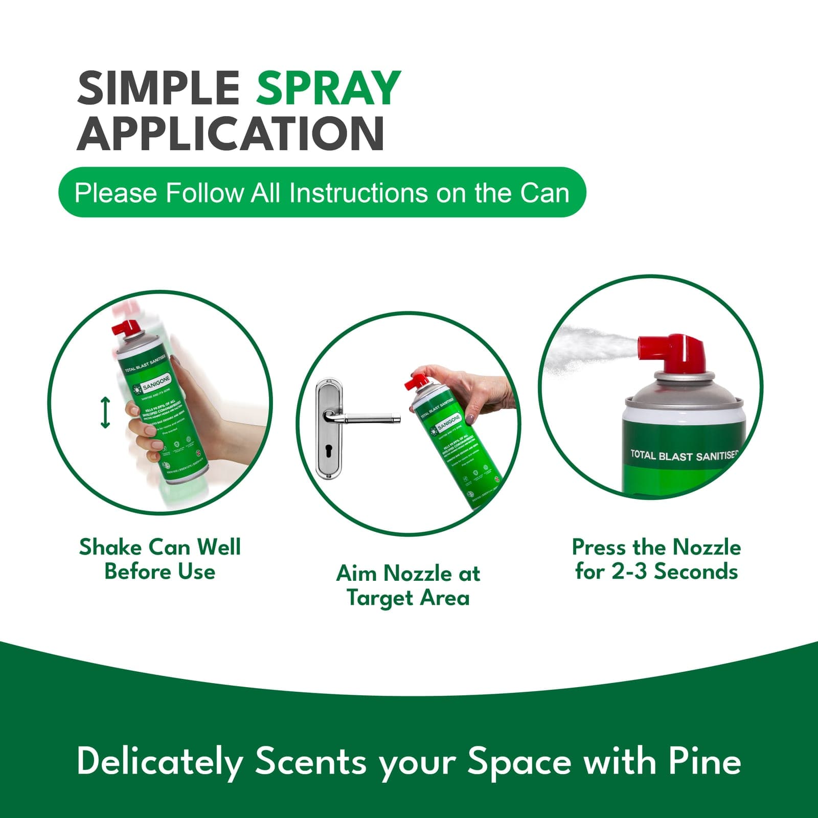 Sanigone Total Blast — simple spray application steps