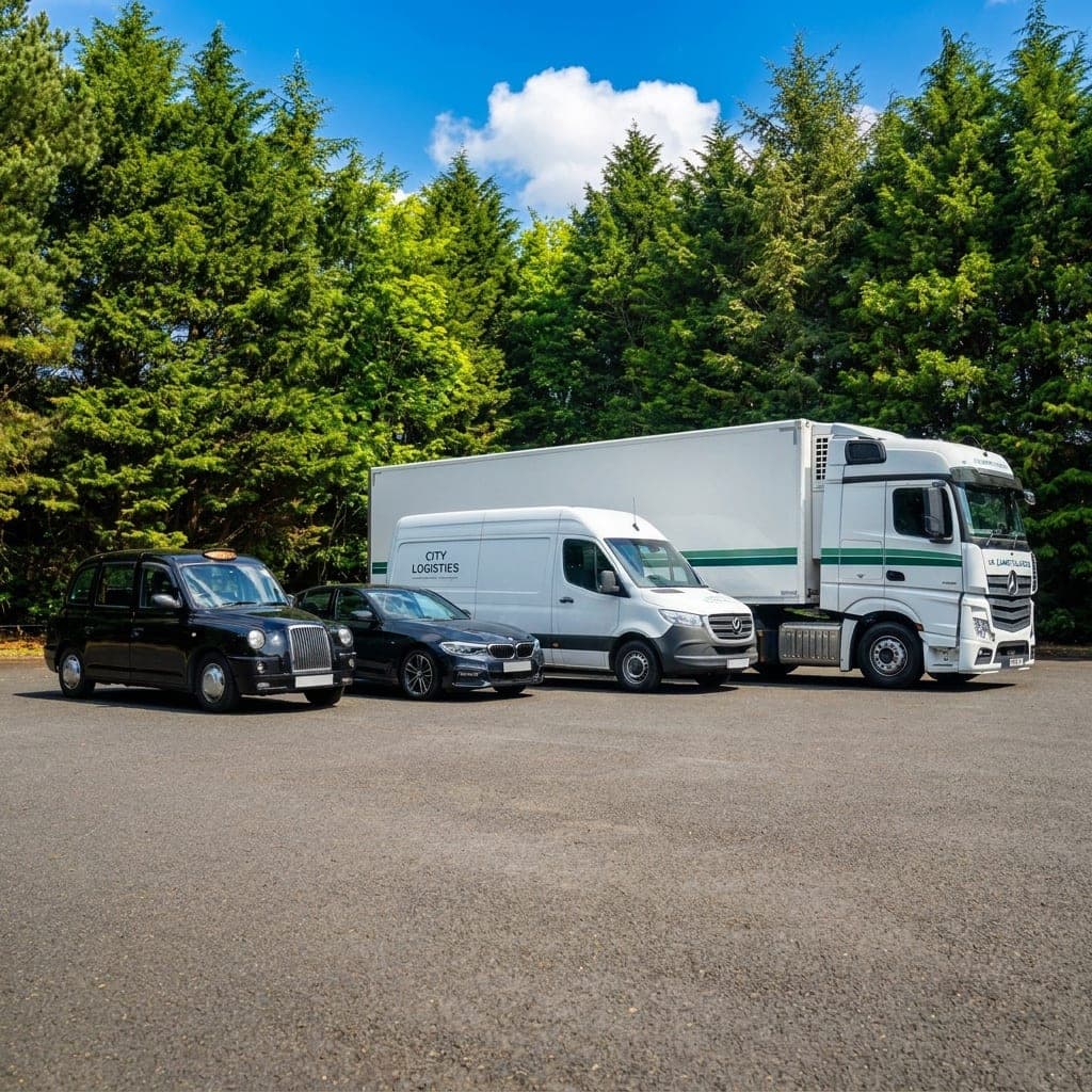 A taxi, car, van and lorry parked together on a fleet forecourt