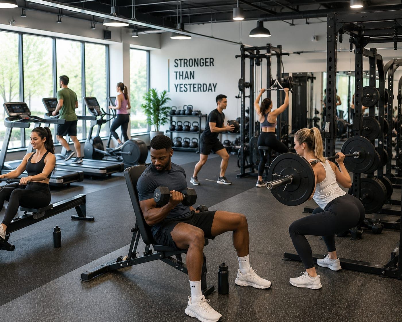 A fitness class training in a clean, fresh gym studio