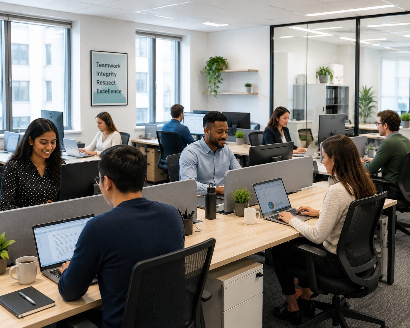 Colleagues collaborating in a clean, modern office