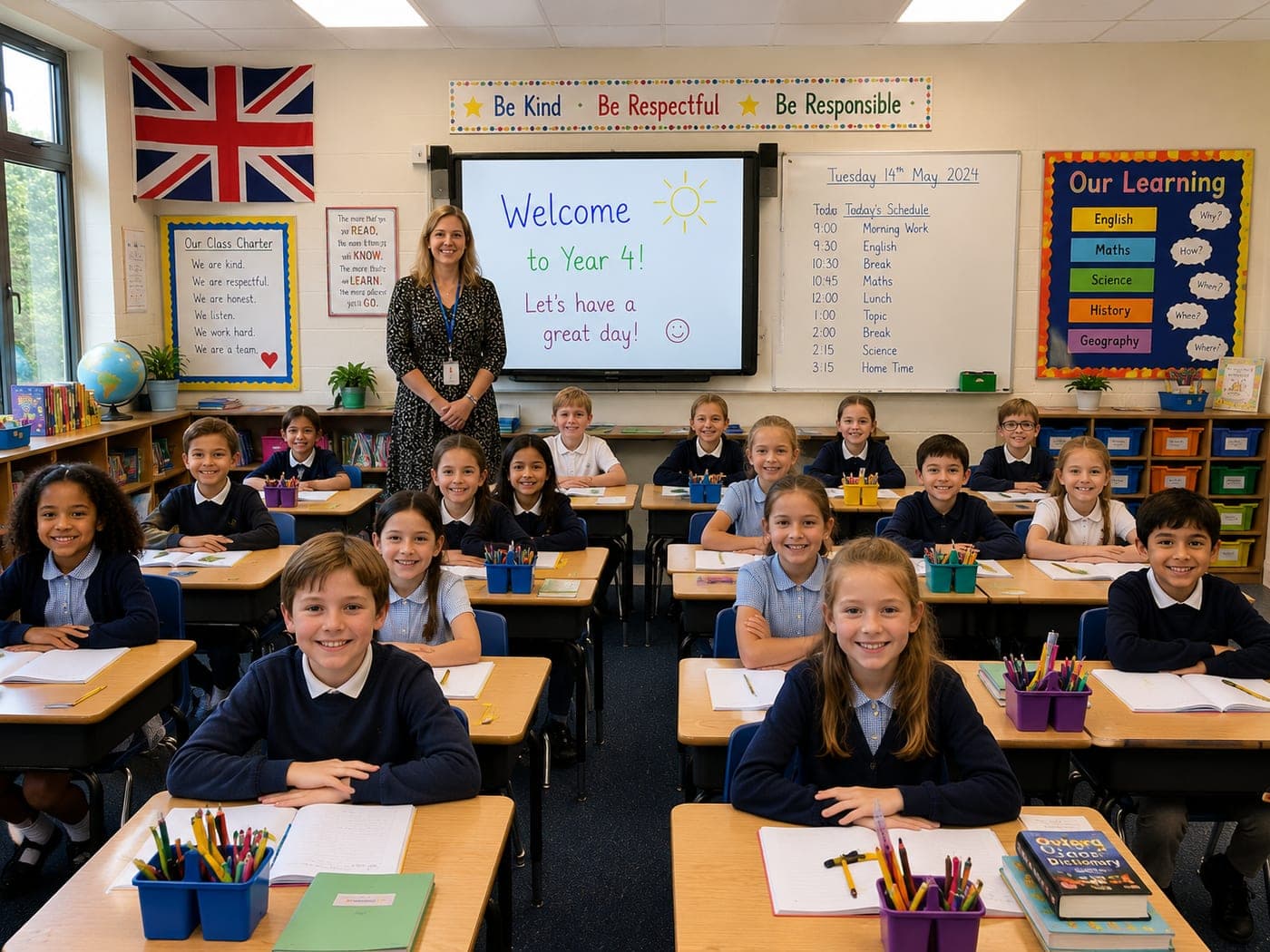 Pupils learning together in a clean classroom