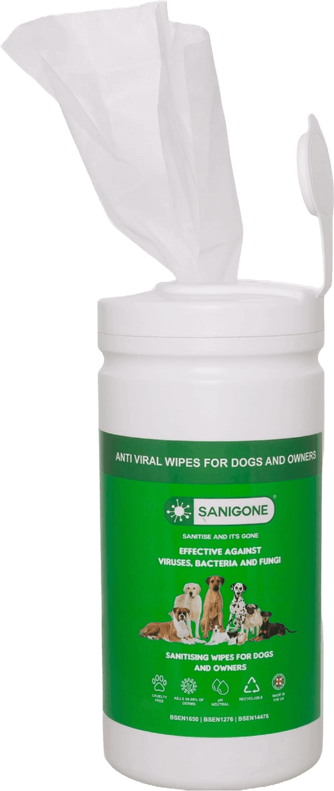 Sanigone anti viral disinfecting dog wipes, tub of 200 large wipes